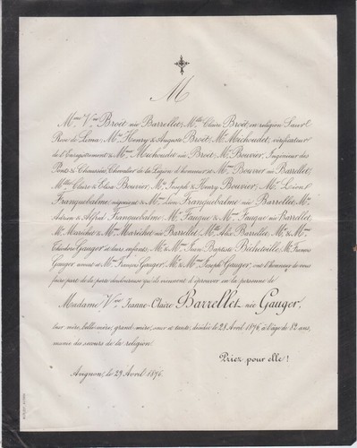 1876 faire part décès - 1876,